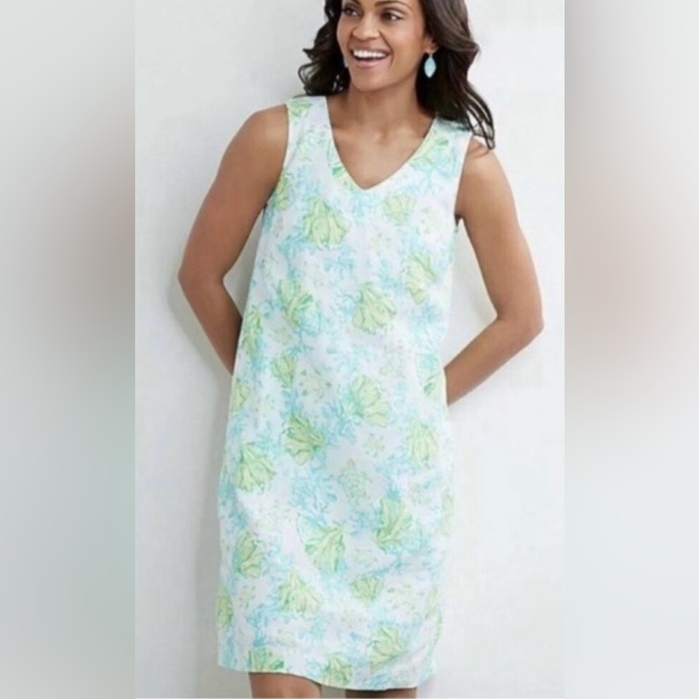 J. Jill Love 100% Linen Aqua Green Sea Life Shift Dress XL Petite